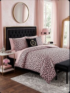 Juicy Couture Pink Leopard Print Comforter Set with Monogram Pillow